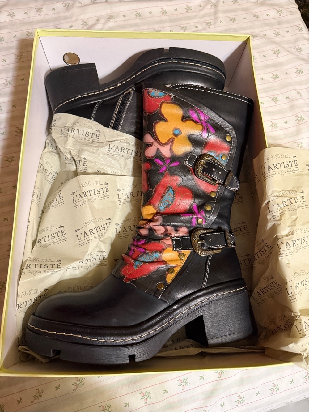 L'ATISTE Black Leather Mid-Calf Boots with Yellow, Pink and Orange Floral Panels